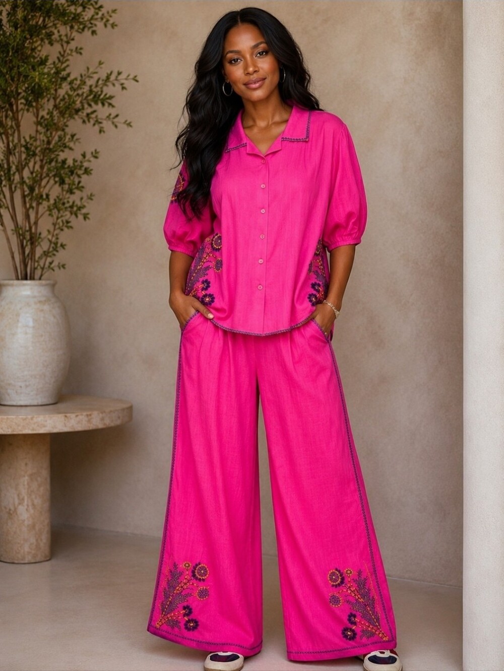 NEW!! 2 PC POL 100% Cotton Pink Wide-Leg Embroidered Pant Set, NWT